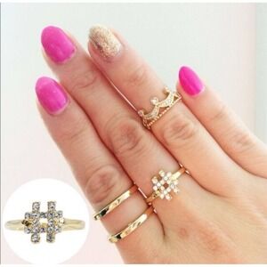 Gold Hashtag Ring with Crystals‎ Statement Fashion Ring